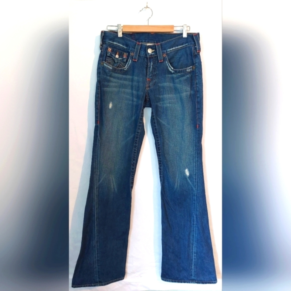 True Religion Distressed Bootcut Jeans with Button PocketsSize 9/10